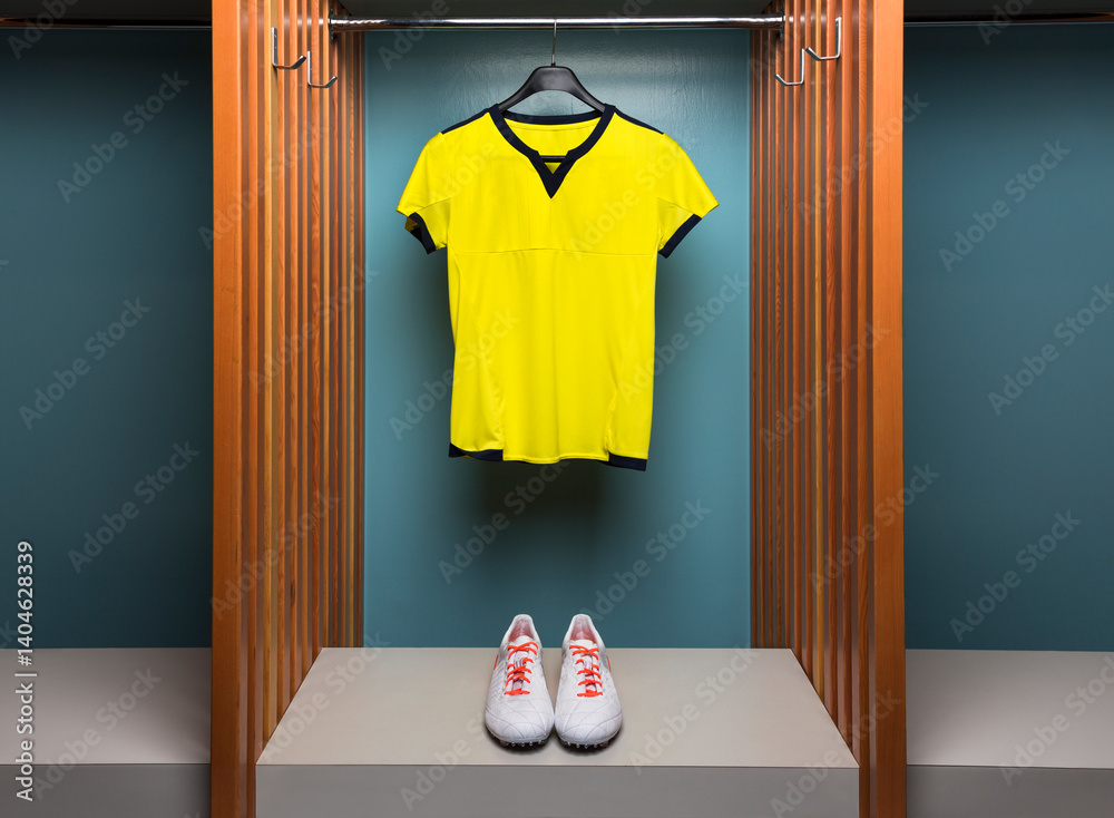 Fototapeta premium Yellow soccer uniform and cleats in team locker room