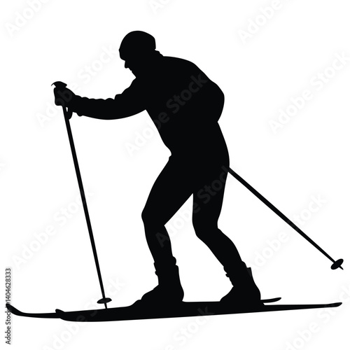 Silhouette of Man on Skis with Poles on a Transparent Background