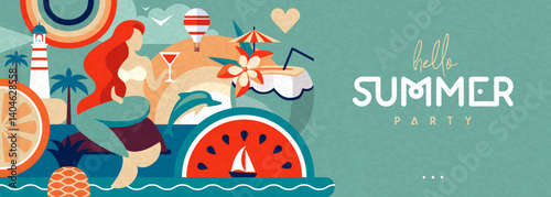 Hello Summer flat poster or banner with mermaid, cocktails, dolphin, tropic fruits and rainbow. Vector illustration