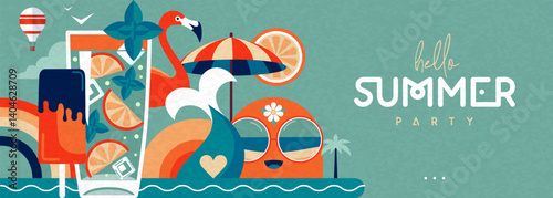 Hello Summer flat poster or banner with mermaid, cocktail, ice cream, flamingo and rainbow. Vector illustration