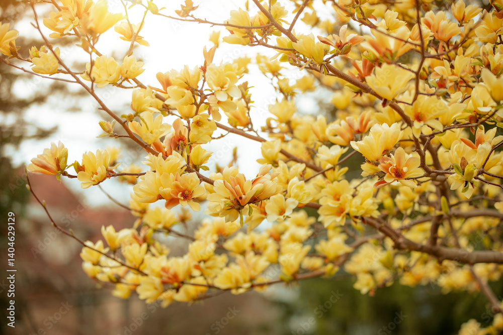 The branches of a yellow-colored magnolia blossom tree The branches of a yellow-colored magnolia blossom tree