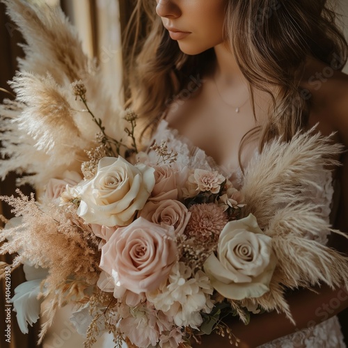 Bride holding boho wedding bouquet with roses and pampas grass