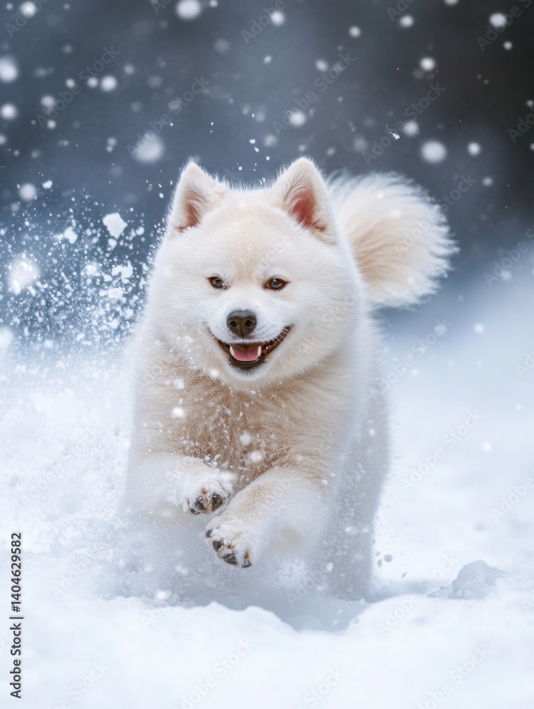 Joyful White Puppy Running in Snow, Winter Dog Portrait: Happy Samoyed Dog Playing in Snowy Landscape Joyful White Puppy Running in Snow, Winter Dog Portrait: Happy Samoyed Dog Playing in Snowy Landscape
