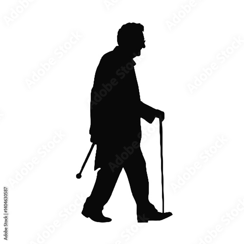 杖を持った老人のシルエット、全身黒色のみ