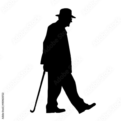 杖を持った老人のシルエット、全身黒色のみ
