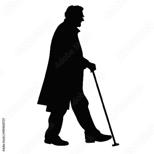 杖を持った老人のシルエット、全身黒色のみ