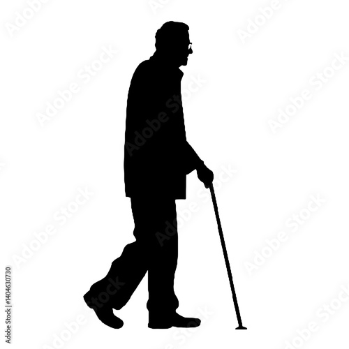 杖を持った老人のシルエット、全身黒色のみ