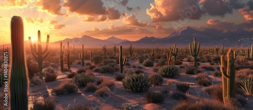 Wallpaper Mural Beautiful cacti scattered all over the plateau with mountains in the background on a sunset view Torontodigital.ca
