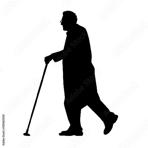 杖を持った老人のシルエット、全身黒色のみ
