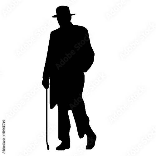 杖を持った老人のシルエット、全身黒色のみ