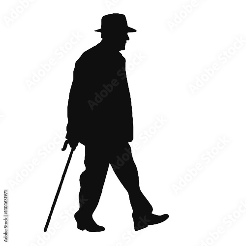 杖を持った老人のシルエット、全身黒色のみ