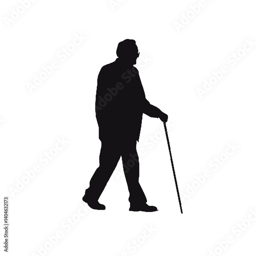 杖を持った老人のシルエット、全身黒色のみ