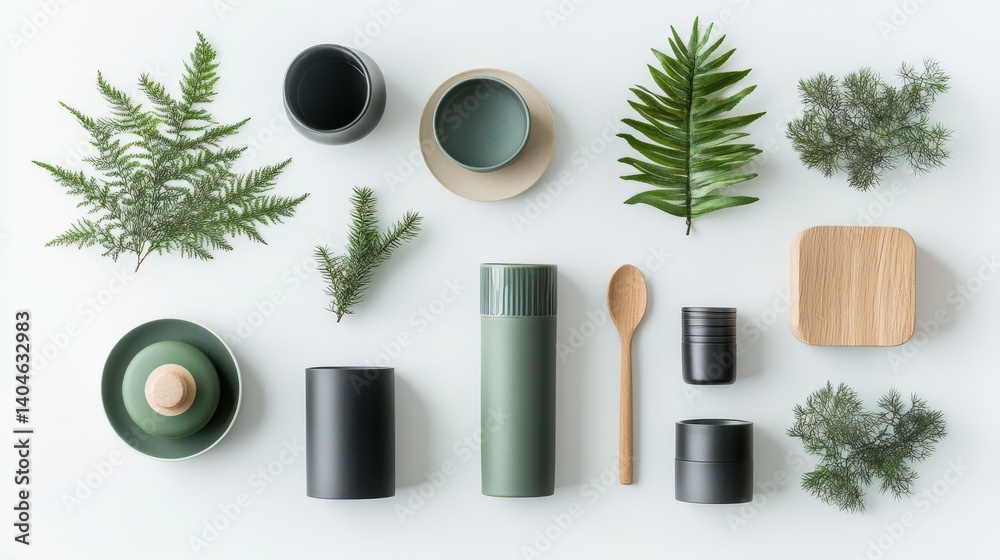 A flat lay showcasing various green and black ceramic containers, wooden utensils, and lush green ferns arranged aesthetically on a clean white background. A flat lay showcasing various green and black ceramic containers, wooden utensils, and lush green ferns arranged aesthetically on a clean white background.