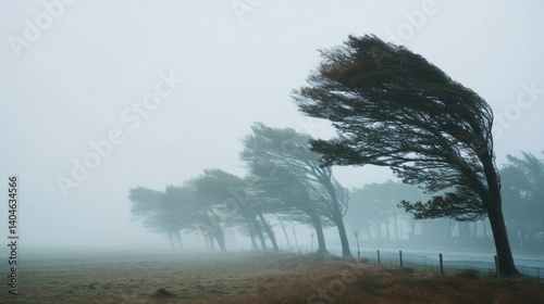 windy trees with a foggy background.