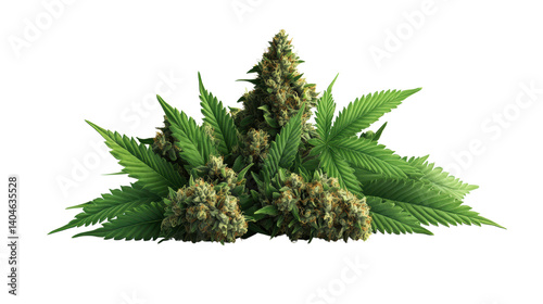 Lush green cannabis plant arrangement with detailed buds and leaves set against a black background