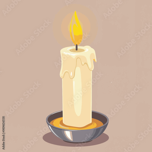 Elegant candle flickering with warm flame on silver base, ambiance