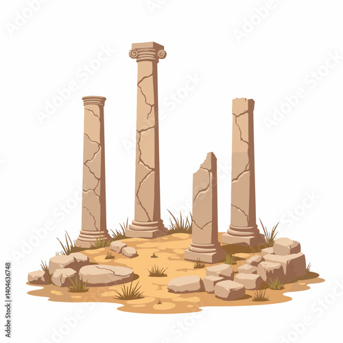 Ancient ruins showcasing broken stone columns in a dry landscape, history