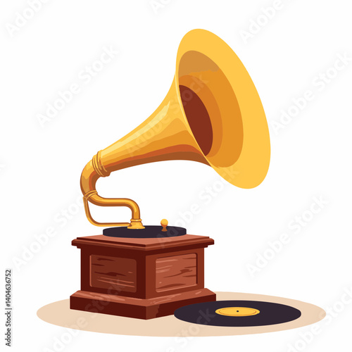 Vintage gramophone playing music on wooden table, nostalgia and elegance