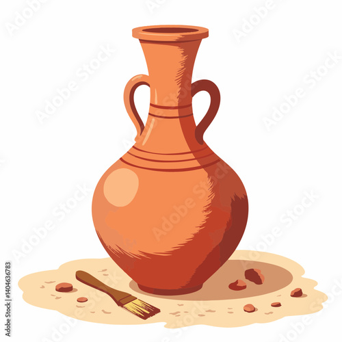 Ancient clay amphora on sandy excavation site, archaeological discovery