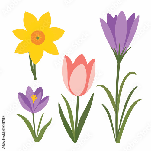 Colorful spring flowers in flat vector style, seasonal beauty
