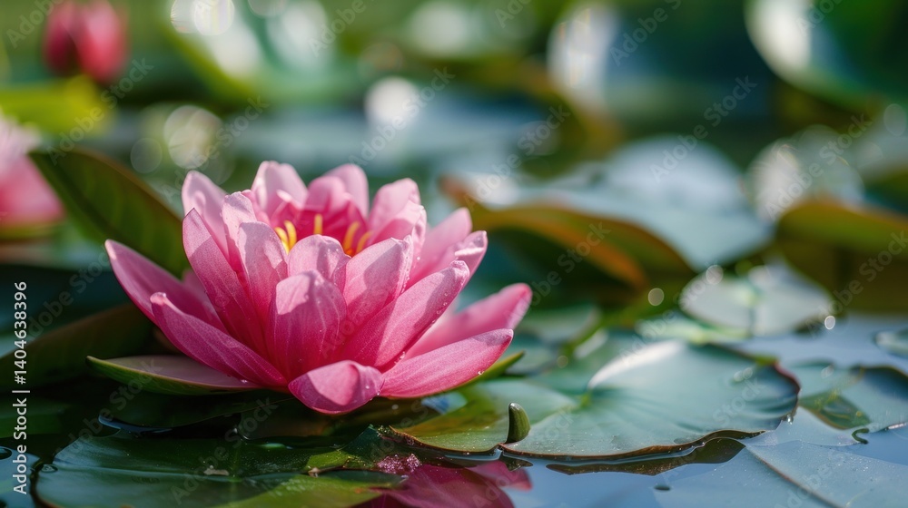 A pink flower is floating on the surface of a pond A pink flower is floating on the surface of a pond