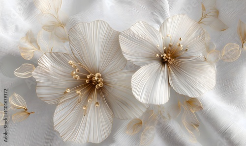 Elegant White Gold Flowers Floral Design Artistic Background Luxury Texture Modern Wallpaper Premium Decor Intricate Details High 
