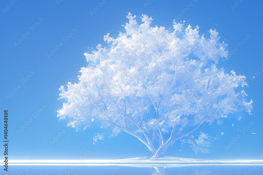 Serene white tree reflected in calm water under a clear blue sky Serene white tree reflected in calm water under a clear blue sky