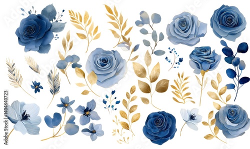 Watercolor Floral Collection: Dusty Blue Roses and Gold Accents
