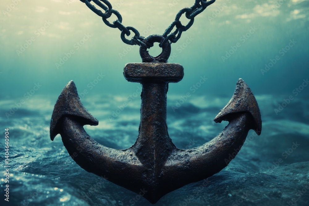 Rusty anchor resting on ocean floor captured in underwater scene