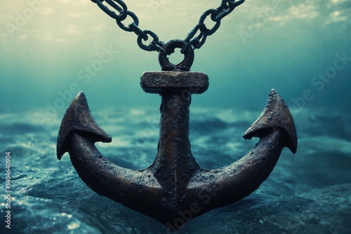 Obraz na płótnie Rusty anchor resting on ocean floor captured in underwater scene w salonie