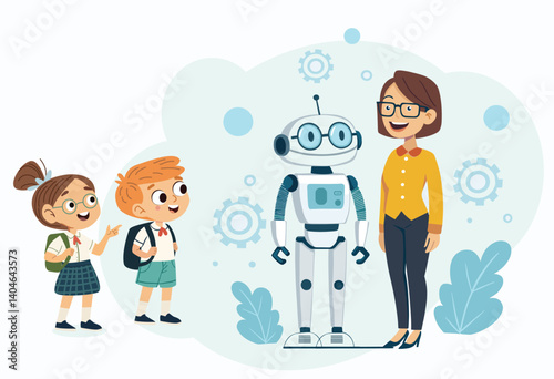  school children with backpacks standing and looking at the robot.