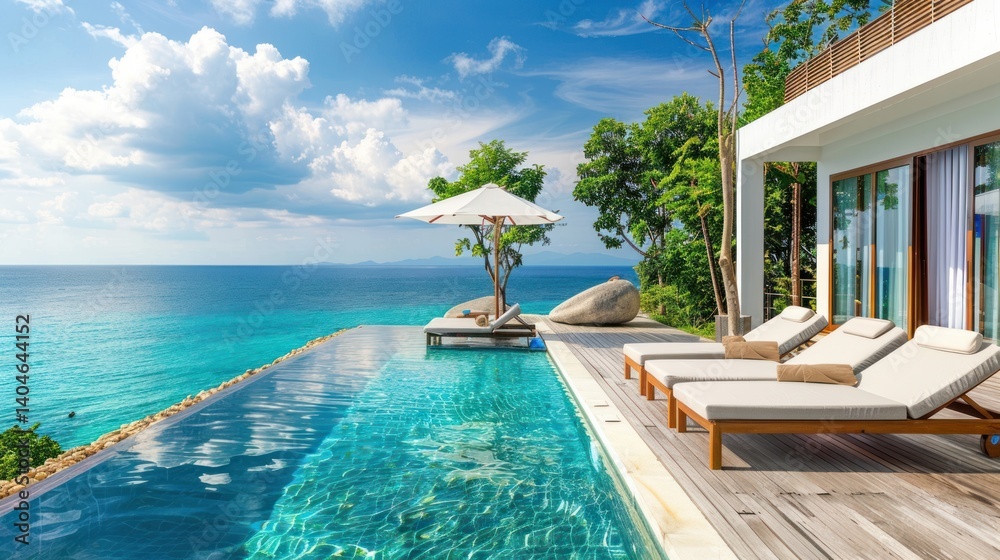 Fototapeta premium A large pool with a white umbrella and a white house in the background