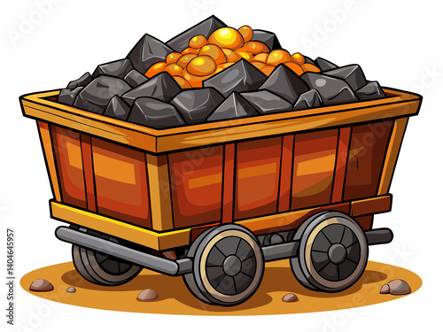 A high-quality vector illustration of a classic mine cart filled with coal, isolated on a white background, detailed and realistic