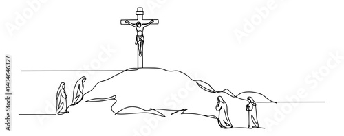 jesus crucifixion on hill with people one line minimalist drawing