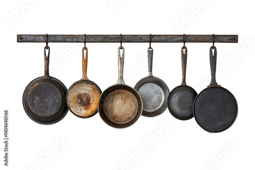 Collection of vintage cooking pots and pans hanging on a rustic metal rack in a well-lit kitchen setting