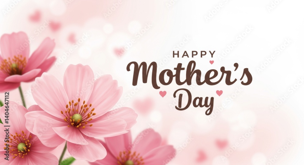 Naklejka premium Happy Mother’s Day Greeting Card – Elegant Pink Floral Design with Hearts and Soft Pastel Background