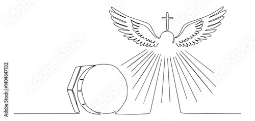 tomb with dove and light rays monoline art with simplicity