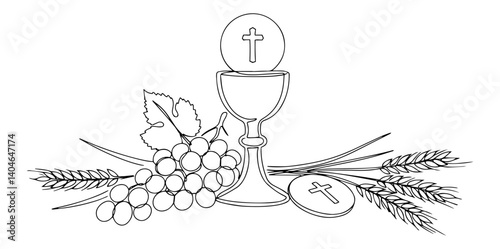 chalice with bread grapes and leaves monochrome vector design