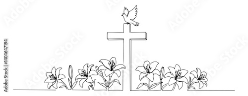 cross with flowers and dove monochrome vector design