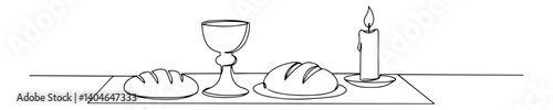 chalice bread and candle on altar monochrome line sketch