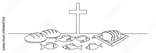 bread and fish with cross monochrome line sketch