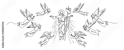 jesus with many surrounding angels monochromatic line drawing with a clean aesthetic