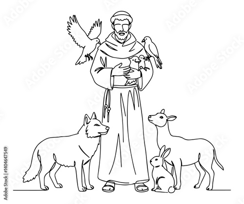 saint francis with animals and birds monochromatic line drawing with a clean aesthetic