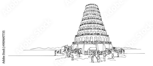Photography tower of babel with people monochromatic line art