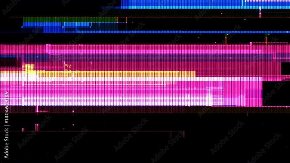 Abstract image with colorful horizontal bars in pink, orange, yellow, and blue, textured with vertical lines, resembling a tv signal noise texture