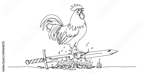 rooster on sword with keys and coins modernist vector sketch exploring negative space as active design element