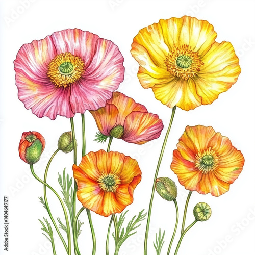 Wallpaper Mural illustration of Icelandic Poppy, summer flowers, soft watercolor tones, white background, detailed illustration, cartoonish. Torontodigital.ca