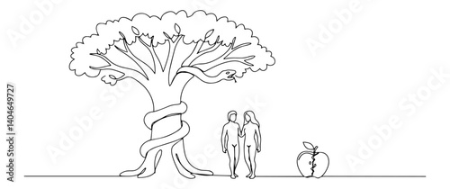 adam and eve under apple tree with serpent modern lineart illustration made with one continuous black stroke