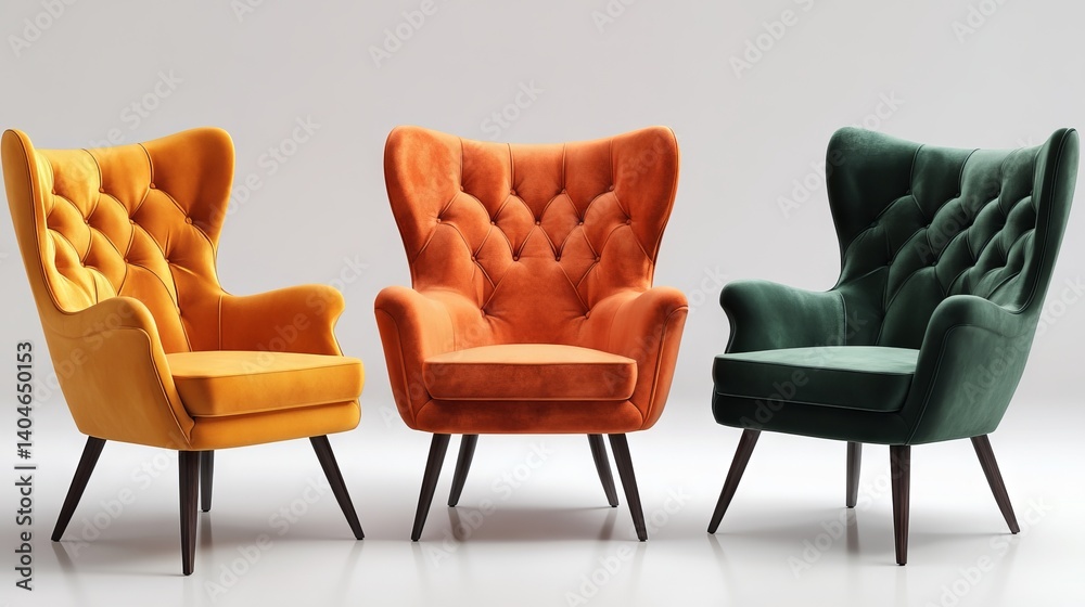 Fototapeta premium In a studio shot, three armchairs are arranged in a row, featuring upholstery in orange, yellow, and green, against a neutral backdrop