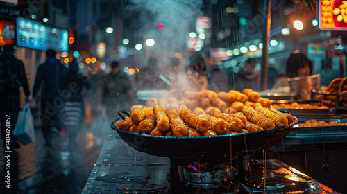 A bustling Turkish street food stall selling freshly fried halka tat (Turkish churros), covered in syrup, glistening under the soft streetlights.